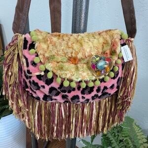 Boho Hippy Tapestry Pink Leopard multicolor Bag Purse Long Adjustable Straps